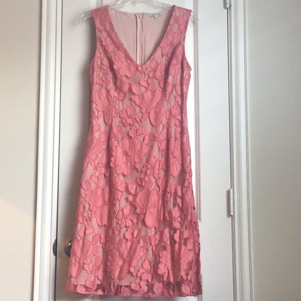 Lace & Mesh dress in coral floral over nude lining